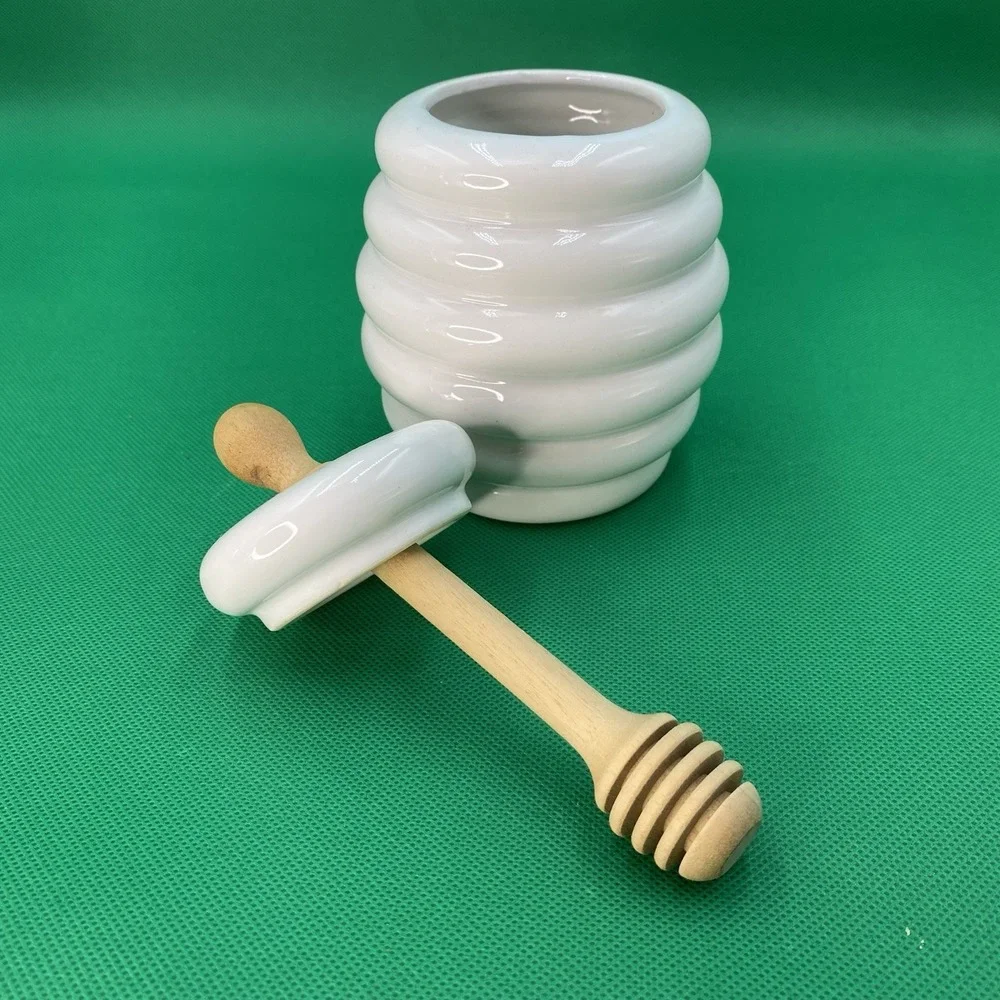 Porcelain Honey Pot Jar with Beech Wood Drizzler White Hive Design 5
